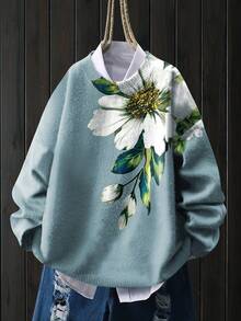 女士轻薄印花毛衣 - 多色花朵图案，休闲圆领长袖上衣，适合所有季节，叠穿设计，色彩鲜艳 - 淺藍色 - 查看 9