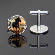 1 Pair Horse Pattern Metal Alloy Cufflinks, Glass Inlaid Horse Design, Fashionable Animal Decor Gift - Style - View 2