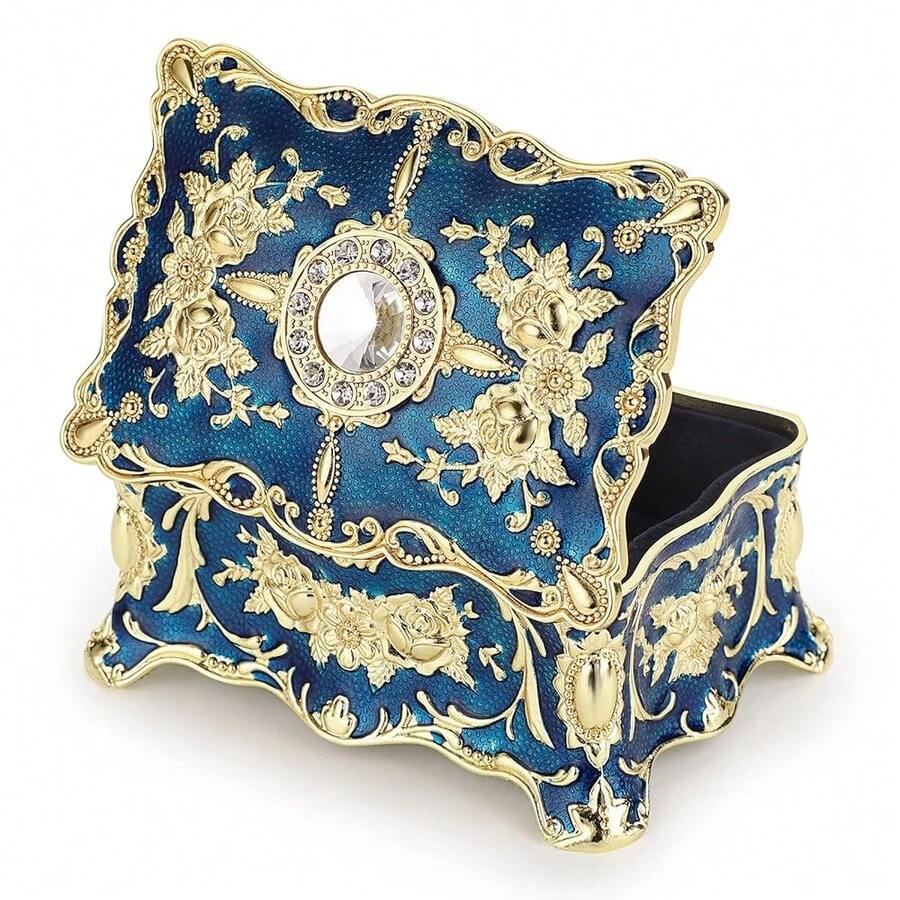 Hipiwe Vintage Jewelry Box, Small Enameled Trinket Box Organizer Rectangular Treasure Chest Box Jewelry Decorative Box Keepsake Gift Box Case For Women,3.7x 2.7x 2 Inch,Small,Blue - Biru - View 1