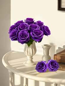 10pcs Burgundy Artificial Roses, 19.7 Inch Realistic Bridal Bouquet, Velvet Fake Flowers, Suitable For Room Decor, Halloween Decoration, Artificial Flower Decor, Wedding Party, Home Decoration, Indoor & Outdoor, Vase Filler - Purple - View 7