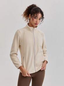 Áo khoác nỉ nữ ngoài trời, dày dặn, ấm áp, thoáng khí, cổ đứng, khóa kéo phía trước, phù hợp cho leo núi & thể thao, mùa xuân & thu, mùa đông, trượt tuyết. Màu trắng. - trắng - Xem 5