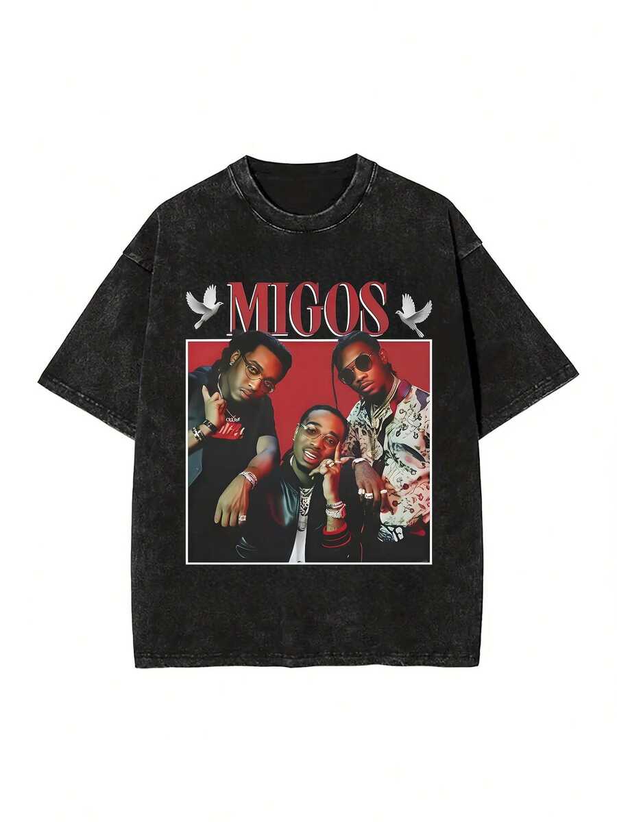 Camiseta de Verano Vintage Migos para Mujeres, Cuello Redondo, Estilo, 6 Tallas Disponibles, Moda Americana, Hip Hop, Ropa de Calle, Tops de Algodón de Calidad, Impresión Oversize, Camisetas Negras de Manga Corta, Camiseta Casual - Negro - Ver 1