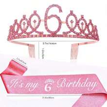 Set de 2 piezas: Corona de estrás con número 6, 7, 8, 9 o 10, cinta de peonía, flor de rosa, correa de hombro, cinturón de tela, accesorios de moda para el cabello. Regalo de fiesta de cumpleaños para niñas, color rosa - Oro rosa - Ver 2