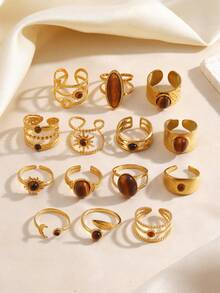 Set de 1/3/6/9/12 anillos de acero inoxidable con piedra de ojo de tigre, estilo minimalista adecuado para uso diario de mujeres (entrega de estilo aleatorio) - Multicolor - Ver 5