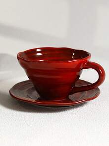 1pc Handmade Reddish Glaze Coffee Cup & Saucer, Breakfast Milk Cup, Swirl Mushroom Bowl, Suitable For Home, Restaurant, Cafe, High-End - Multicolor - View 4