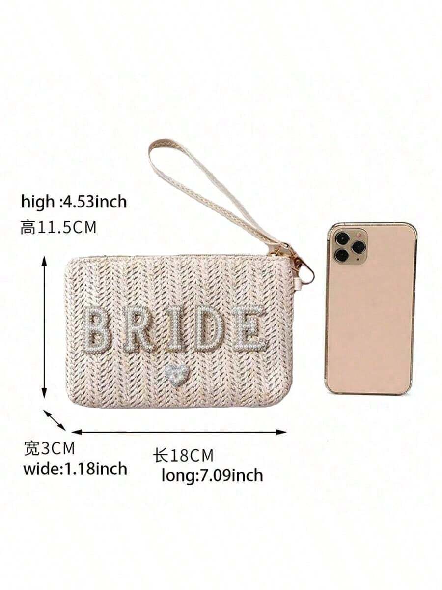 Solid Color Woven Bride Straw Purse Bag, Zipper, Simple & Practical Multi-Function - Beige - View 1