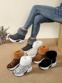 Ghete de damă, vârf rotund cu fermoar lateral, talpă groasă și confortabilă, căptușeală termică călduroasă, stil casual/sportiv, ghete simple de navetă, ghete negre la modă