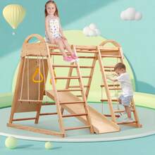 7-In-1 Multifunctional Playpen, Made Of Solid Wood, Plywood, And Beech Wood. Includes Swing, Ladder, Slide, Net, Plastic Holds, And Rings. Can Also Be Used As A Play Tent. - Natural Color - View 12
