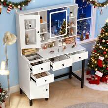 Dressing Table Set W/LED Mirror And 5 Drawers, 14 Shelves, Vanity Make Up Desk - White - View 4