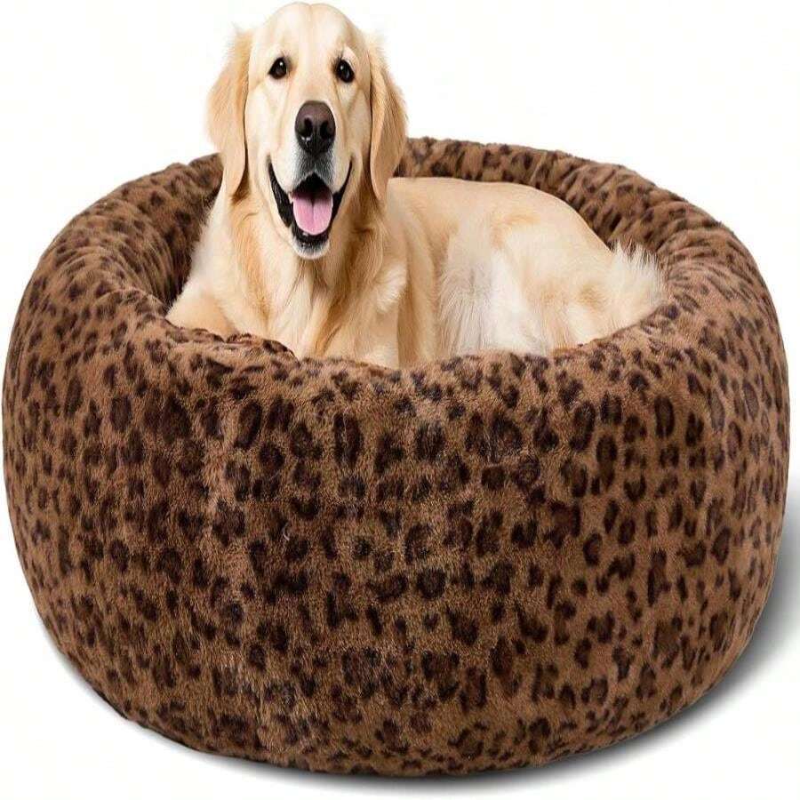 Dog Calming Beds For Small Medium Large Dogs - Round Donut Washable Puppy Dog Bed, Anti-Slip Faux Fur Fluffy Donut Cuddle Anxiety Cat Pet Bed (32" Leopard Print) - MàuF - Xem 1
