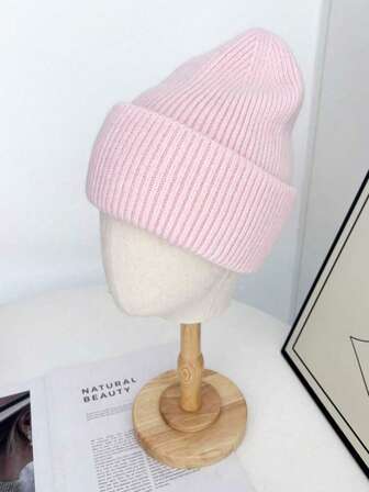 1 st. enfärgad stickad mössa med rullbrätte, modern och stilfull, lämplig för utomhusbruk, skidåkning, cykling, varm på hösten/vintern, slumpmässig färg/stil levereras