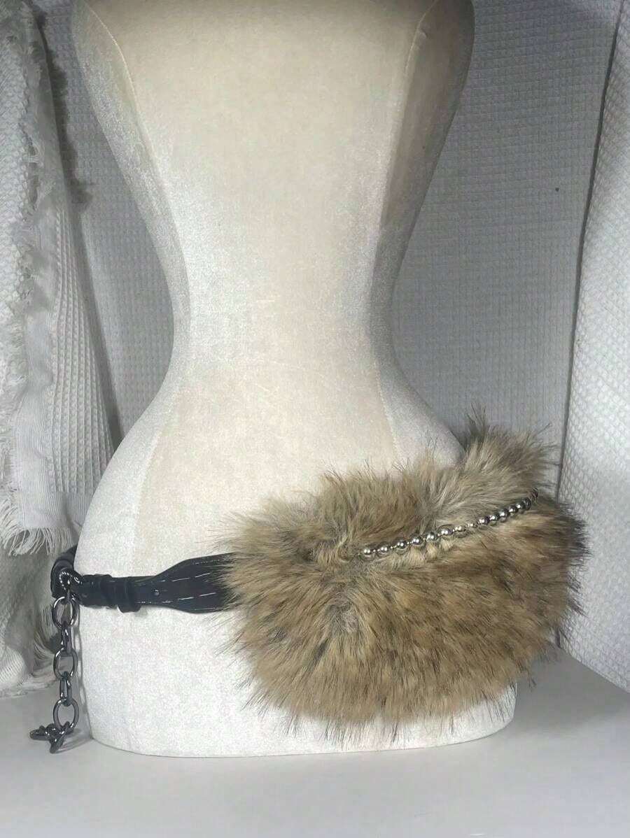 New Fuzzy Fluffy Bunny Fur Belt, Furry Waistband, Popular-Border Women Accessories Summer, School Fall, Autumn, Halloween - 仿皮草黑鑲鑽腰鏈 - 查看 1