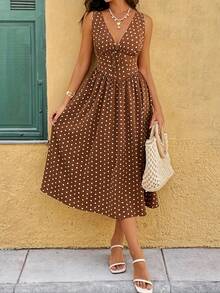 Đầm dự tiệc chấm bi phong cách boho thanh lịch, thắt nút, thích hợp cho kỳ nghỉ. - màu nâu - Xem 6