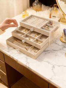 1pc Acrylic Jewelry Box, Large Capacity Jewelry Storage Box, Drawer Style Jewelry Display Case With Adjustable Velvet Tray, Suitable For Earrings, Rings, Bracelets, Necklaces, Ideal For Birthday, Anniversary, Valentine's Day Gift - Beige - View 2