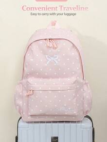 1 PC Pink Dot Embroidered Bow Backpack Travel Versatile Cute Style,Multifunctional And Large Capacity Fashionable And Casual Large Capacity Portable Zipper School Bags,Travel Storage Stationery Storage,Vacation Essentials Satchel, Suitable For Earphones, Chargers, Lipstick, Cosmetics, Perfume, Skin Care And Beauty Products, Nurses, Students, Keys, Holiday Gifts - 粉色 - 查看 11