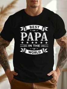 Men's T-Shirt, "World's Best Dad" Graphic Print T-Shirt, Black With White And Gold Lettering, Crew Neck, Short Sleeves, Lightweight Breathable Cotton, Machine Washable, Comfortable For Summer, Bold Text Design, Relaxed Fit Shirt, Perfect Gifts For Dads - 黑色 - 查看 6