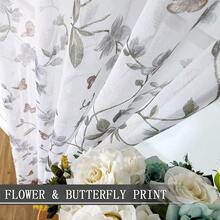 Tollpiz Sheer Floral Curtain Valance Grey Flower Butterfly Printed Bedroom Curtain Valances Rod Pocket Voile Faux Linen Window Valance Curtains For Living Room, 54 X 16 Inches Long, Set Of 1 Panel,54inchWx16inchL(Packof1),Grey - 灰色 - 查看 3