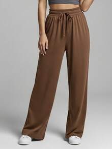 Comfortable Women's Wide-Leg Sweatpants, Soft, Structured Fit, Casual, Basic, Plain, With A Faux Drawstring. - Óxido marrón - Ver 3