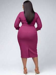 Elegant 2 In 1 Mid-Length Dress, Fitted Silhouette, Suitable For Workplace, Afternoon Tea, Church, Formal Occasions. Solid Color, Faux Pocket Design, Square Neckline, Comfortable Fabric, Versatile For Spring, Summer, Autumn, Office, Daily Wear, Dates, Birthdays, Parties - Red Violet - View 4