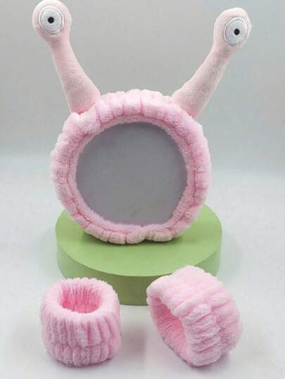 3pcs SPA Headband And Wristband Set, Funny Snail Eye Makeup Headband, Soft Plush Facial Cleansing Headband