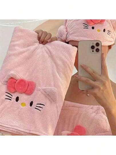 Sanrio 3pcs Hello Kitty Bath Set: Quick-Dry Towel, Bathrobe, And Shower Cap - Made Of Absorbent Coral Fleece Fabric, Great For Travel, Spa, And Sauna | Lightweight, Non-Oily Polyester Material