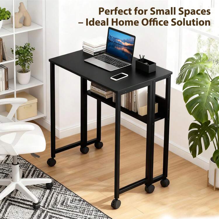 Techigher Folding Desk With Storage Shelf, Foldable Computer Table For Small Spaces, Space Saving Sofa Table With Wheels, Writing Work Office Computer Desk, Easy To Fold - Black - View 6