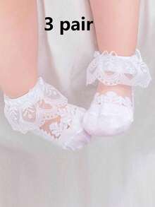 3 Pairs Random White Lace Baby & Kids Ankle Socks, Breathable & Comfortable For Girls Daily Wear/Dressing, Suitable For 0-6 Months/1-12 Years - Multicolor - View 10
