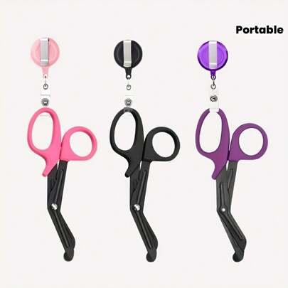 1 Adet Paslanmaz Çelik Travma ve Bandaj Makası, 1 Adet Geri Çekilebilir Rozet Makarası, 3 Renk Seçeneği (Pembe, Siyah, Mor), Kompakt Cep Boyutu, Tıbbi ve Genel Kullanım İçin Uygun