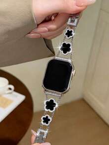 1pc Watch Band, Five Leaf Clover Diamond Silver Copper Strap, Summer Flowers Metal Bracelet,Compatible With Apple Watch 38/40/41/42/44/45/46/49 Mm, Compatible With Apple Watches Series Ultra3/2/1/Se/11/10/9/8/7/6/5 4/3/2/1 - Black Silver - View 1