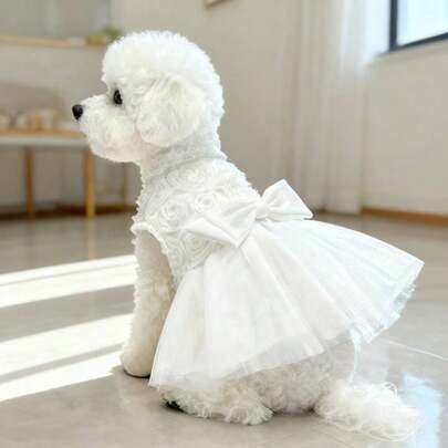 3D Rose Mesh Tulle Bow Decor Party Dress, Princess Style Pet Costume Suitable For Small/Medium Dogs & Cats