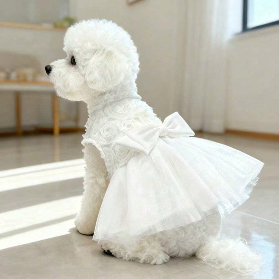 3D玫瑰网纱蝴蝶结装饰派对礼服,公主风宠物服装,适合小型/中型犬猫 - 白色 - 查看 1
