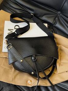 女士新款纯色软皮时尚休闲可调节肩带PU轻便单肩斜挎包 - 黑色 - 查看 7