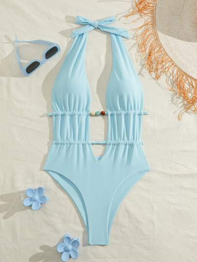 Áo tắm liền thân không tay dệt kim dành cho nữ, thiết kế buộc dây, kiểu dáng thường ngày, độ co giãn vừa phải.