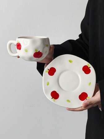 一套ins风手工陶瓷咖啡杯碟套装，可爱不对称造型马克杯，清新苹果艺术小众礼品陶瓷杯，家用下午茶/咖啡杯，拉花杯，办公水杯，果汁杯