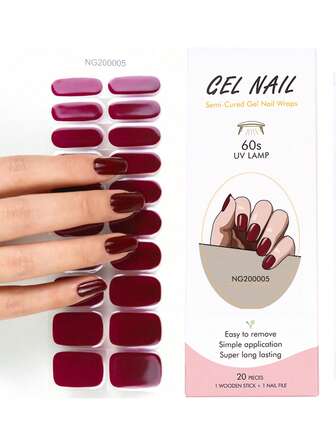 1 caja de 20 pegatinas de uñas de gel rojo vino sólido, natural, de larga duración y clásico, fácil de aplicar y retirar
