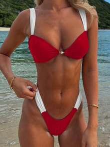 Bộ bikini đi biển mùa xuân/hè mới dành cho nữ, màu đỏ và trắng tương phản, có bèo nhún, gợi cảm, thanh lịch, thích hợp cho kỳ nghỉ hoặc tiệc tùng, bao gồm áo tắm riêng. - Đỏ - Xem 1