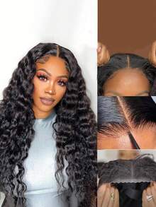 5x5 Deep Wave Lace Front Wig, 100% Human Hair, Pre-Plucked, Transparent Lace, Natural Color, For Women, 150% Density, Virgin Hair - Natural Black - View 3