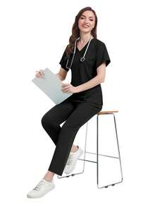 Scrub Uniform Set Slim Fit Women Nursing Hospital Short Sleeves Top Pants Sets Dental Clinic Beauty Salon Spa Pet Lab Workwear - Black - View 6