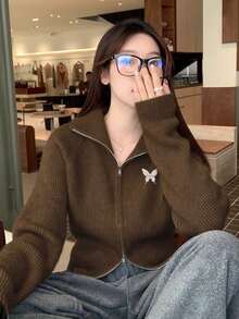 Maillard Turndown Collar Zip-Up Knit Cardigan Sweater For Women, Loose Fit Thick Outerwear For Autumn/Winter - Brown - View 1