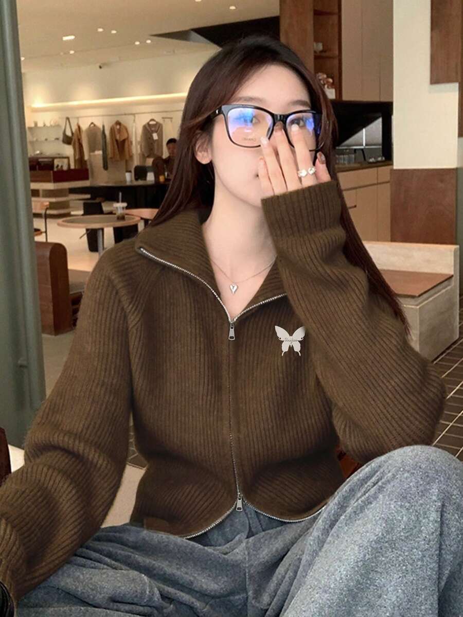 Maillard Turndown Collar Zip-Up Knit Cardigan Sweater For Women, Loose Fit Thick Outerwear For Autumn/Winter - Brown - View 1