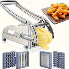 Cortador manual de verduras de acero inoxidable con cuatro cuchillas intercambiables para un corte uniforme. Apto para patatas, zanahorias, pepinos y calabacines. Una herramienta eficaz para la preparación de alimentos que se mantiene estable y antideslizante. - Plateado - Ver 2