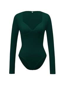 Vaiaye 女士性感 Y2K 连体衣，V 领长袖修身黑色紧身衣，适合情人节、春夏穿着 - 墨綠色 - 查看 3