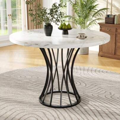 Round Dining Table (80 X 80 X 76 Cm), Lightweight And Luxurious Round Table For 4-6 People, Suitable For Dining Rooms And Living Rooms, Mottled MDF Tabletop, Black Legs
