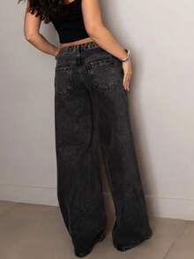 Women's Wide Leg Jeans, Graphite Color - Dark Wash - View 3