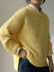 Pull en maille pour femme, nouveau style mode automne/hiver, coupe ample, décontracté, rétro minimaliste, fil spécial, top basique, automne, rentrée scolaire, 6% laine, femme modeste, Y2K, top pour sortir, style coréen - Jaune clair - Voir 2