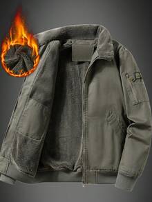 男士长袖夹克，加厚保暖内衬，工装风格，秋冬款 - 軍綠色 - 查看 1