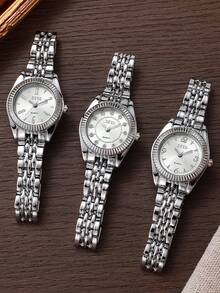 1pc Elegant & Refined Steel Band Quartz Watch, Minimalist Dial, Gentle Commuting Style Wristwatch Suitable For Teenagers And Students, Great For , Year-End, Singles' Day, Birthday Gifts - Silver - View 1