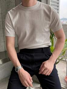 男士休闲纯色短袖套头针织衫，春夏款 - 卡其色 - 查看 3