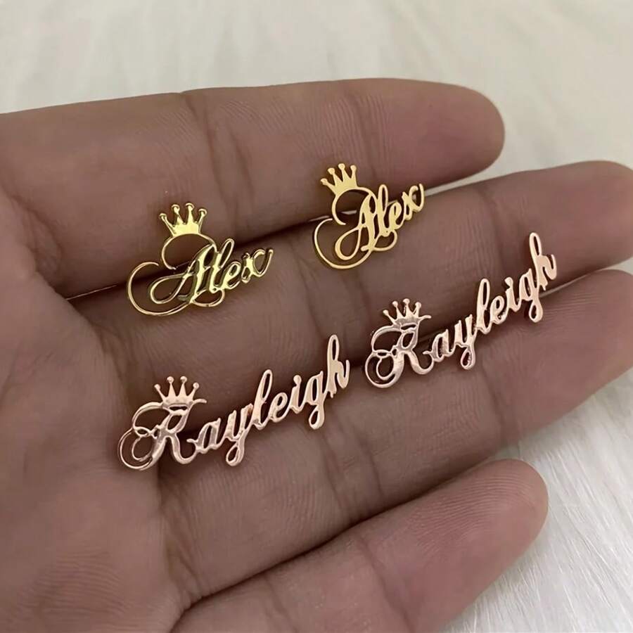 Personalized Princess Crown Name Stud Earrings, Custom Name Earrings For Women, Elegant Stainless Steel, Custom Engraved Name Earrings, Holiday Gift & Everyday Fashion Accessory, Custom Gift Earrings - Gold - View 1