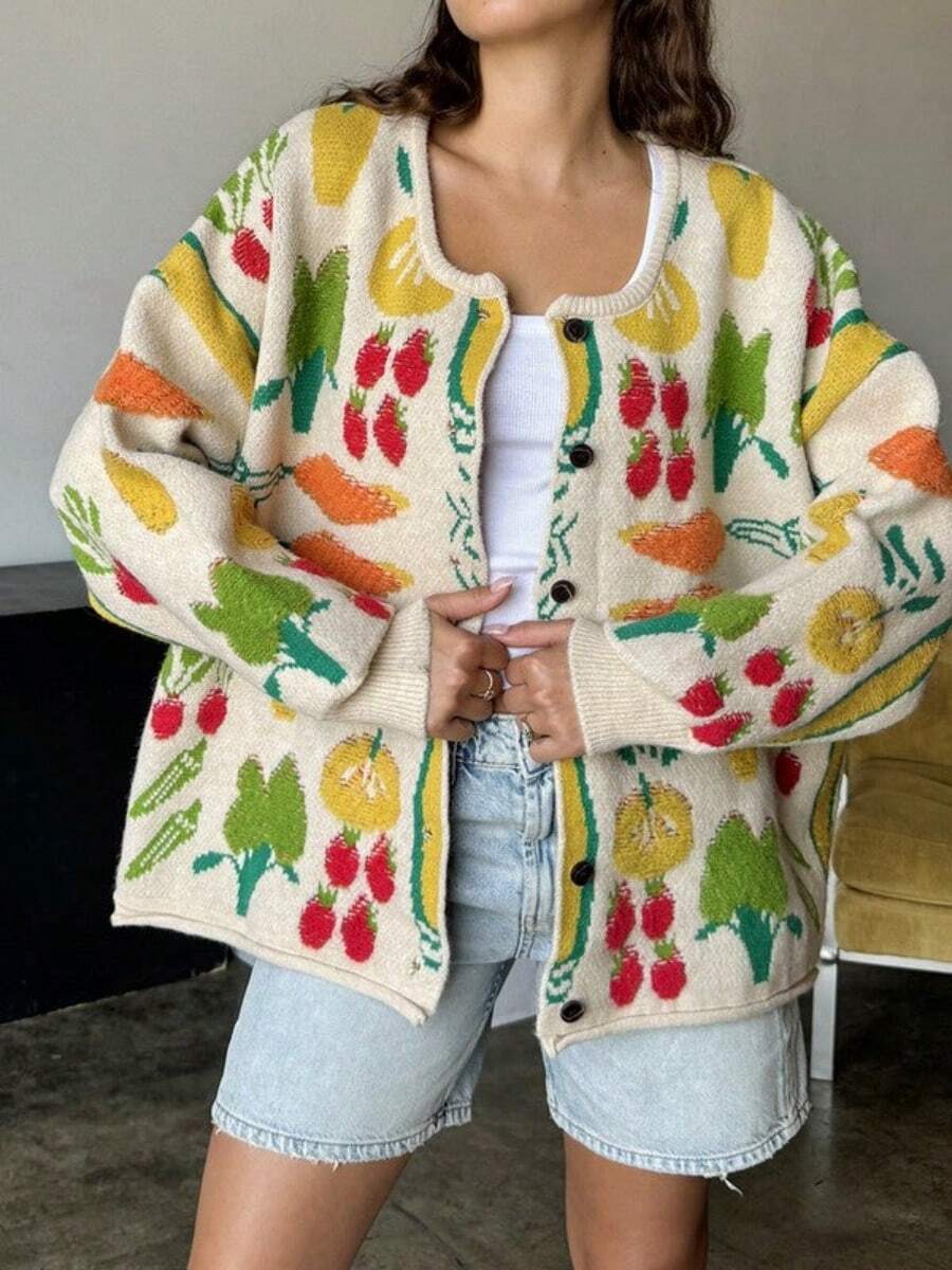Women's Autumn Playful Fruit Pattern Knit Cardigan - Fashion-Forward Oversized "Harvest" Button-Up Sweater - Stylish Colorful Strawberry & Apple Print Outerwear - 杏色 - 查看 1